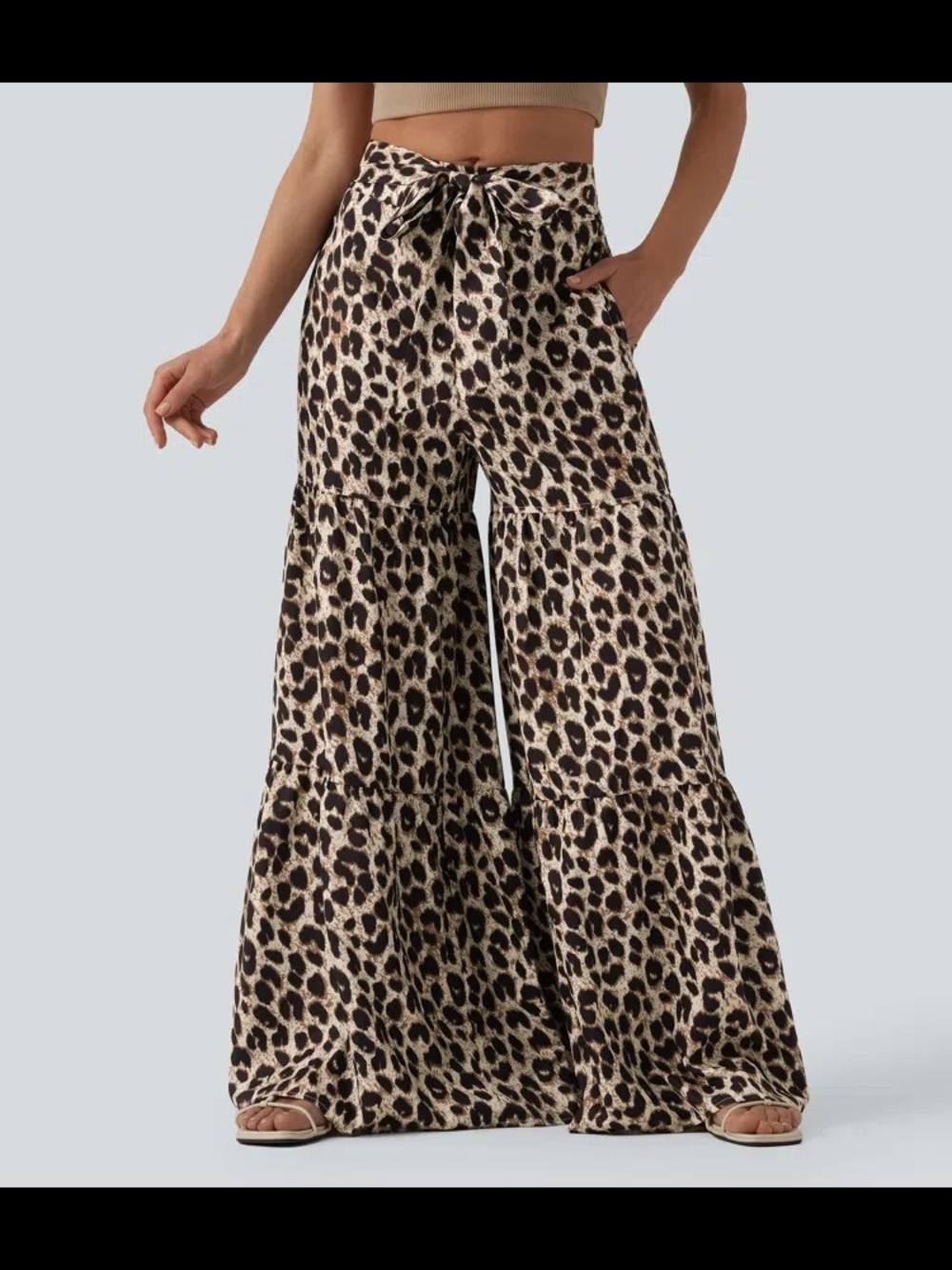 HALARA Leopard-Print Wide Leg Tie-Front Pants - Beige/Black
